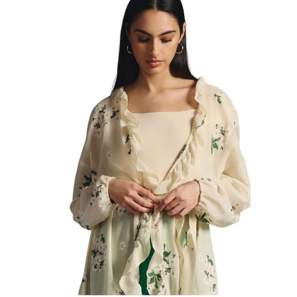 Anthropologie Embroidered Floral Ruffle-Hem Duster Womens Neutral One Size - Picture 4 of 11